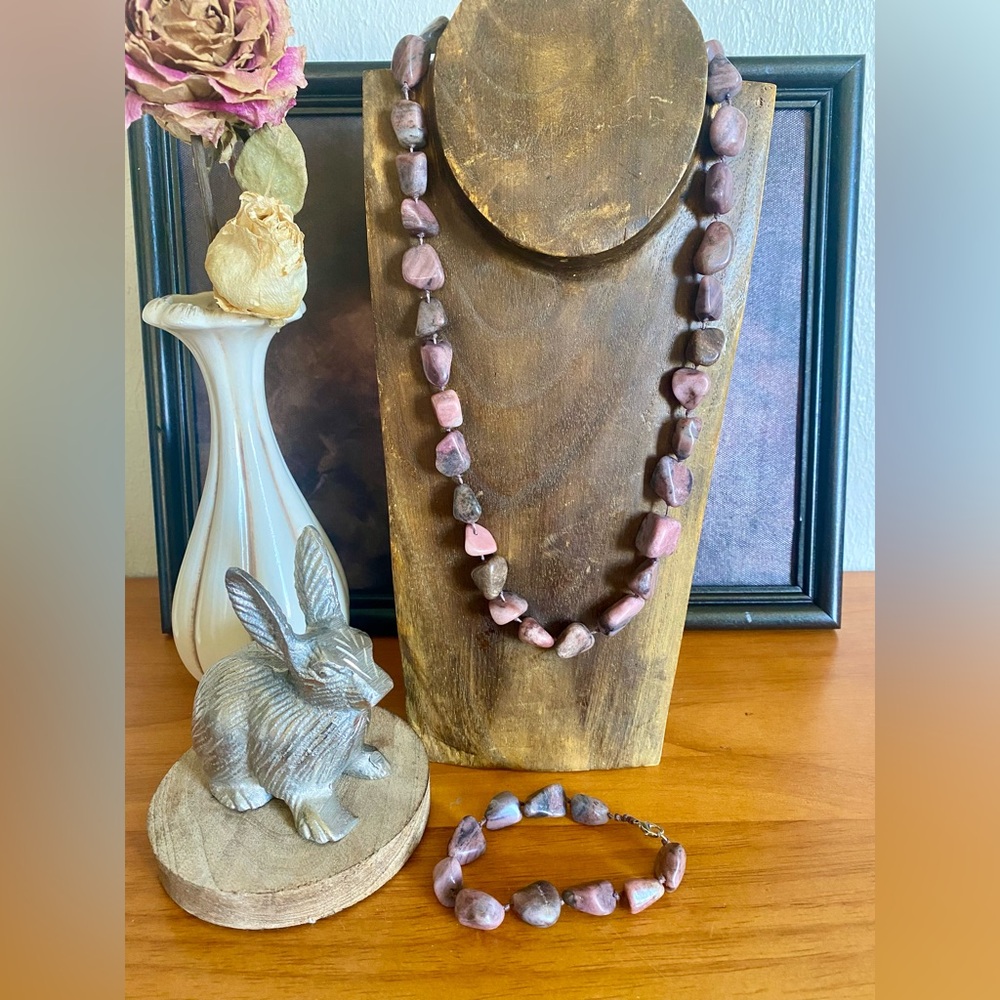 Pink Rhodonite Stone Necklace and Bracelet Set